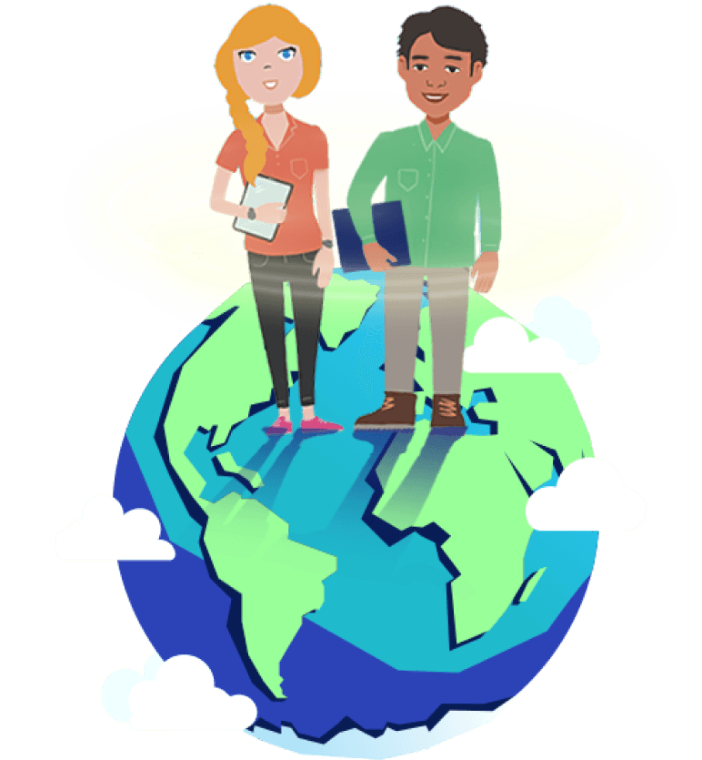 Illustration of two people standing on a small earth, among clouds & slipstreams.